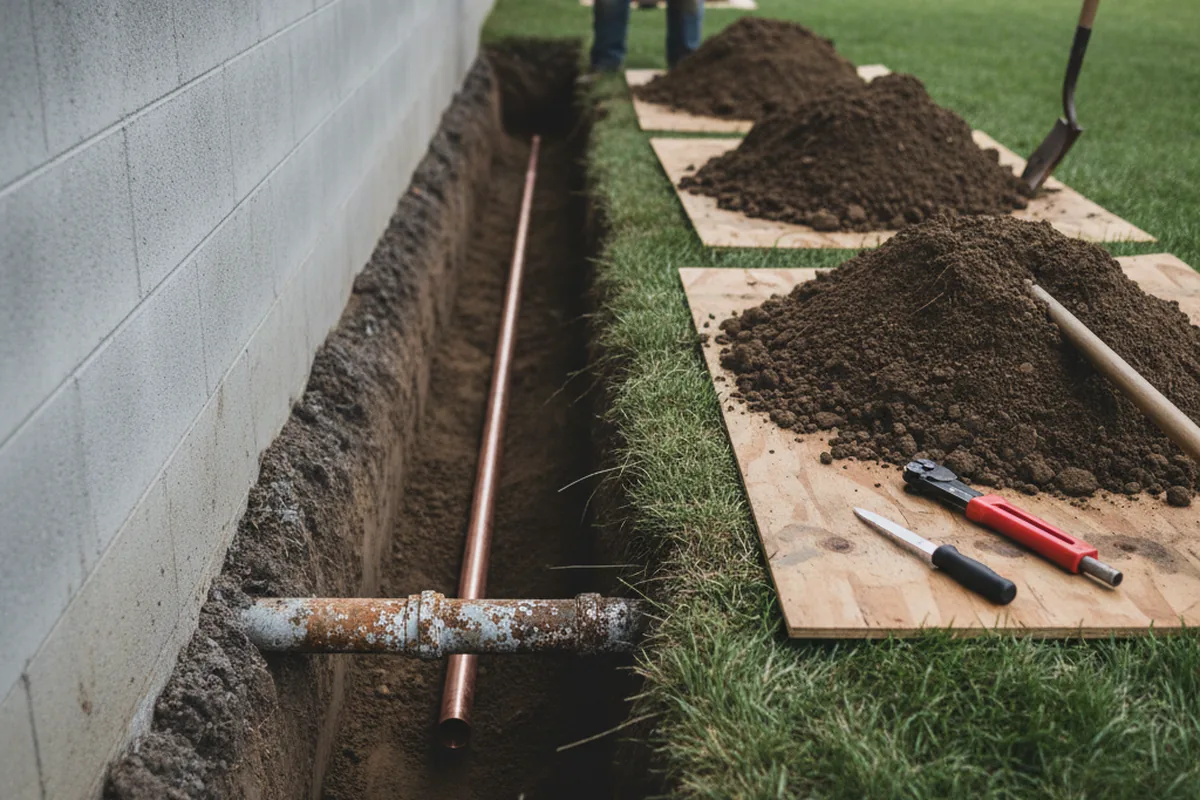 Excavated water line trench during Sewer Line Repair in Washington Depot
